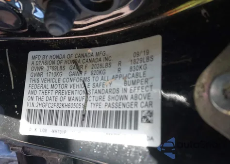 2019 Honda Civic Sport из США, поврежденный, VIN 2HGFC2F82KH605051